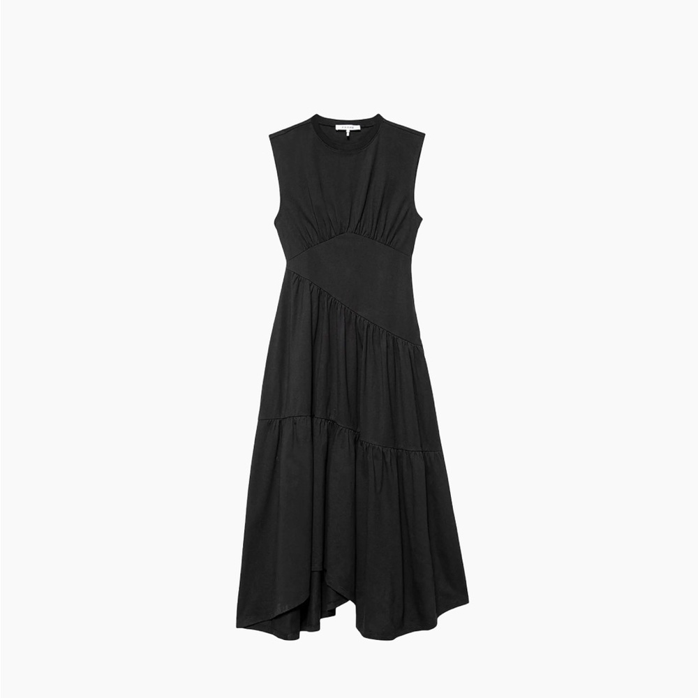 Frame Black Cotton Asymmetrical Tiered Sleeveless Midi Dress Small - Picture 3 of 7